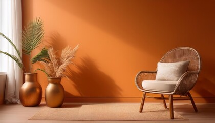 Empty Orange Wall Mockup in Boho Room Interior with Vintage Armchair and Brass Pot. Natural Daylight From a Window. Promotion Background.