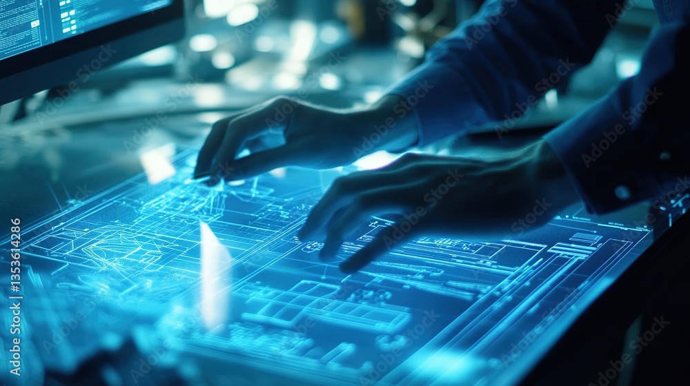 Poster engineer analyzing structural blueprints on digital interface
