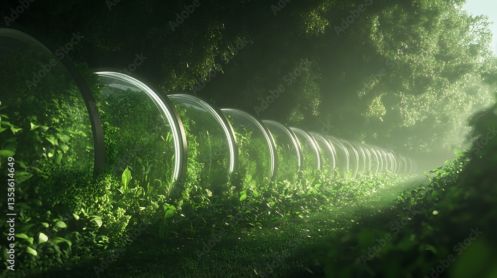 Poster a winding path through lush greenery illuminated by soft light.