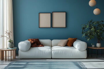 Photo of a living room with blue walls