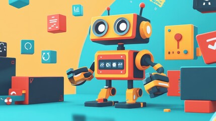 A beginner-friendly coding guide with cartoon robots and colorful blocks representing basic programming concepts like loops and conditions. 