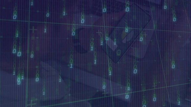 Animation of binary code and math symbols overlaying abstract geometric shapes