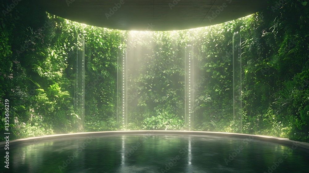 Poster serene indoor space with lush greenery and reflective water, illuminated by soft light.