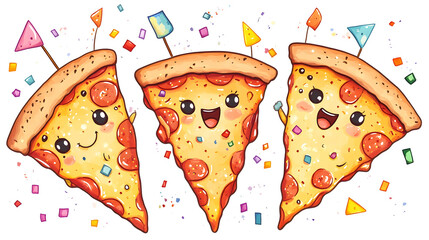 Kawaii Pizza Party: Cute Pizza Slice Characters Celebrating