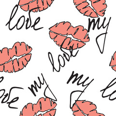 Fototapeta premium pink lips and lettering my love vector seamless pattern black and white graphics doodle hand drawn illustration on a white background the basis for the design of postcards textiles tableware and print