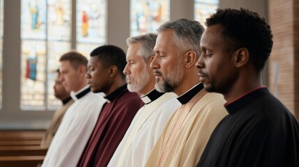 A group of pastors stands together in quiet reverence, focusing on prayer as they gather in a church, preparing for the sstkFamily event. Their unity reflects strong faith