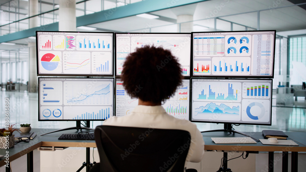 Poster analyzing kpis on dashboard: young african data analyst