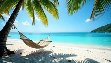 Naklejka premium Tranquil beach landscape with hammock overlooking turquoise water, vacation, getaway, relaxation
