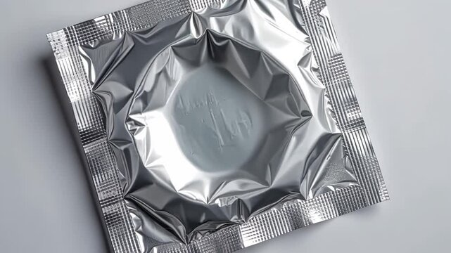 Condom packaging in silver foil on a neutral background  