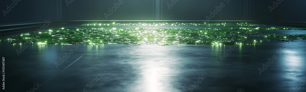 Poster Reflective surface illuminated by green lights, creating an abstract and serene atmosphere.