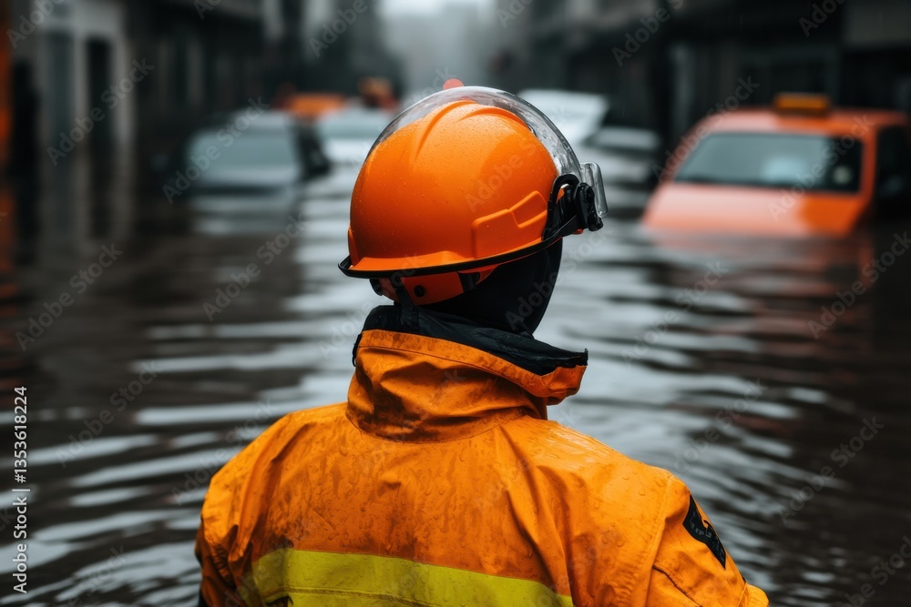 Poster climate resilience in action next-gen emergency response worker navigating urban flood crisis with a