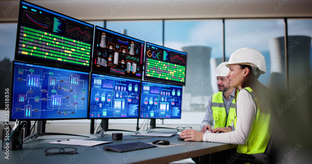 Poster female engineer operates scada system