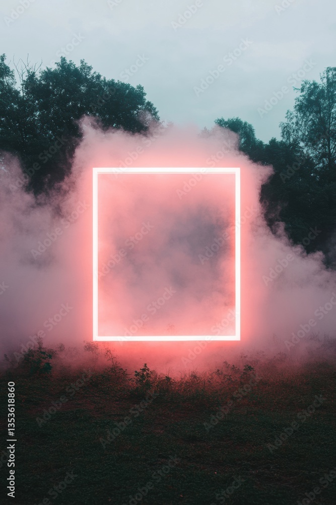 Poster liminal digital gateway neon geometric portal in misty forest landscape - immersive ar experience an