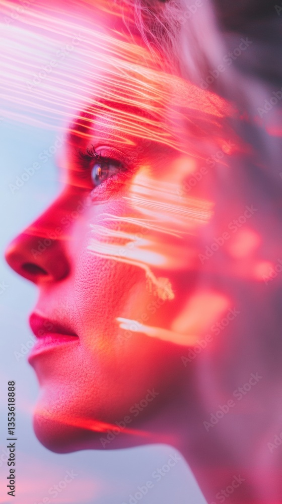Aufkleber Cyber Fusion Portrait Vibrant Digital Aesthetic Exploring Gen Z Emotional Complexity through Innovative Experimental Light and Color Narrative Techniques