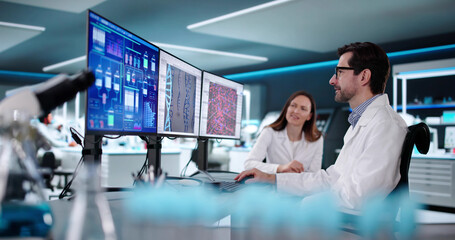 Female scientist using computer to research biotechnology