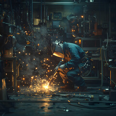 Precision Welding in Industrial Setting: A Skilled Welder Fuses Metal Pieces Amidst Flying Sparks and Workshop Tools
