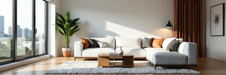 Urban apartment with sleek white couch and trendy accents, white, living room, urban