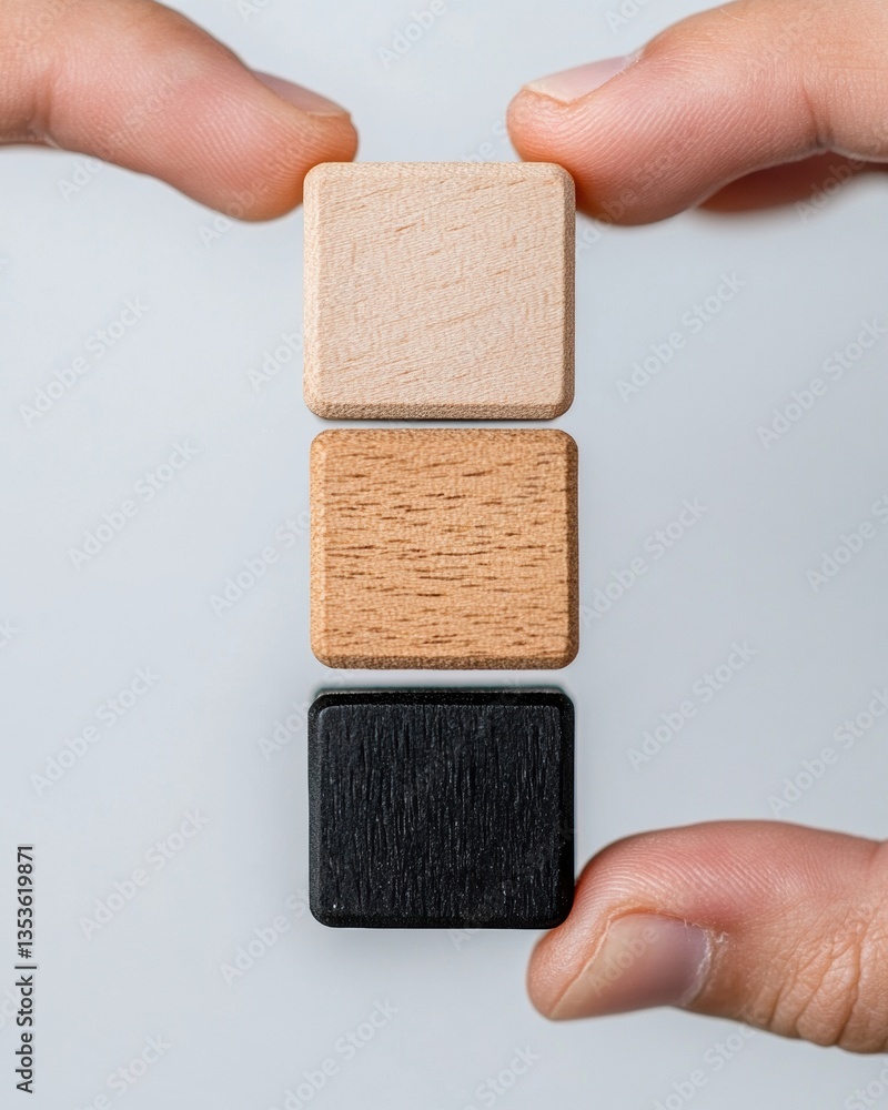 Aufkleber minimalist organizational design tactile wooden blocks symbolizing progressive corporate hierarchy, 