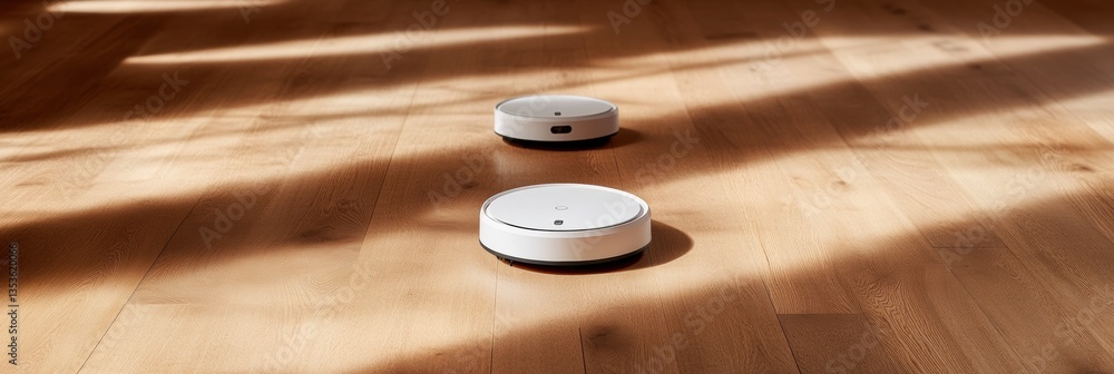 Poster smart home revolution minimalist ai-powered robotic vacuum cleaners transforming urban living spaces