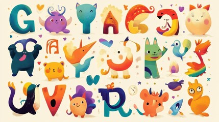 A colorful educational poster teaching the alphabet, with each letter represented by a cute cartoon animal or object.