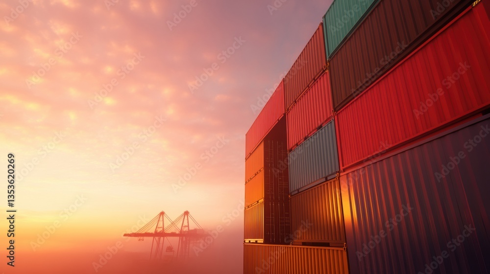 Poster global economic resilience sunset-illuminated shipping containers visualizing us-china trade dynamic