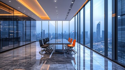 Modern corporate conference room with glass windows framing city night views. Sleek black table surrounded by black/orange chairs and warm ceiling lighting highlights contemporary office design and pr