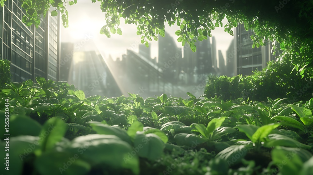 Aufkleber a lush green landscape intertwined with futuristic architecture under soft light.