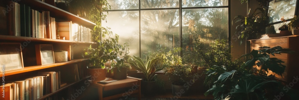 Poster Biophilic Workspace Design Luminous Wooden Library with Panoramic Forest View - Sustainable Remote Work Sanctuary Blending Nature, Knowledge, and Digital Connectivity