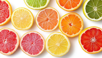 Obraz premium Colorful Citrus Fruit Slices Background Lemons Oranges Grapefruits Limes