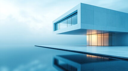 Fototapeta premium Modern House Overlooking Pool, Misty Ocean View