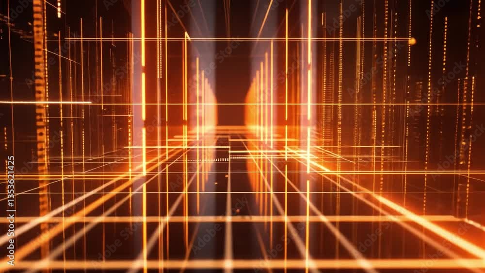 Poster vibrant digital abstract futuristic technology with glowing orange lines and grids, illuminating dep