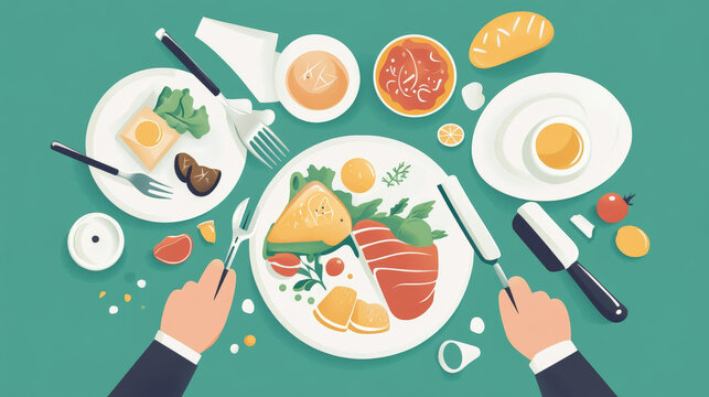 A conceptual vector illustration of a hospitality management course, featuring hotel staff training in cooking, administration, and housekeeping under the guidance of a professional instructor