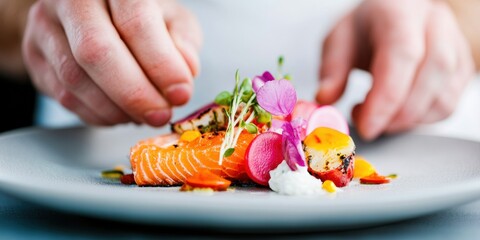Culinary Artistry Meets Wellness Vibrant Nordic-Inspired Salmon Plating with Edible Florals - Gourmet Gastronomy Experience for Mindful Epicurean Travelers