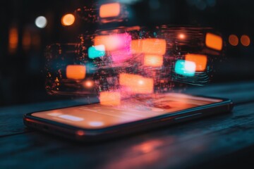 Immersive Digital Connectivity Neon-Blurred Smartphone Holography Revealing Next-Gen Interactive Tech Experience in Urban Nightscape