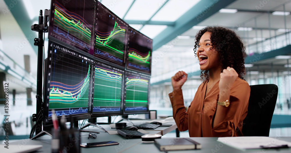 Poster successful stock market trader in joy