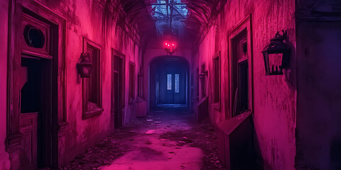 Fototapeta premium Spooky Ghost Hunting Adventure Wallpaper Background in an Abandoned Mansion for Paranormal Exploration