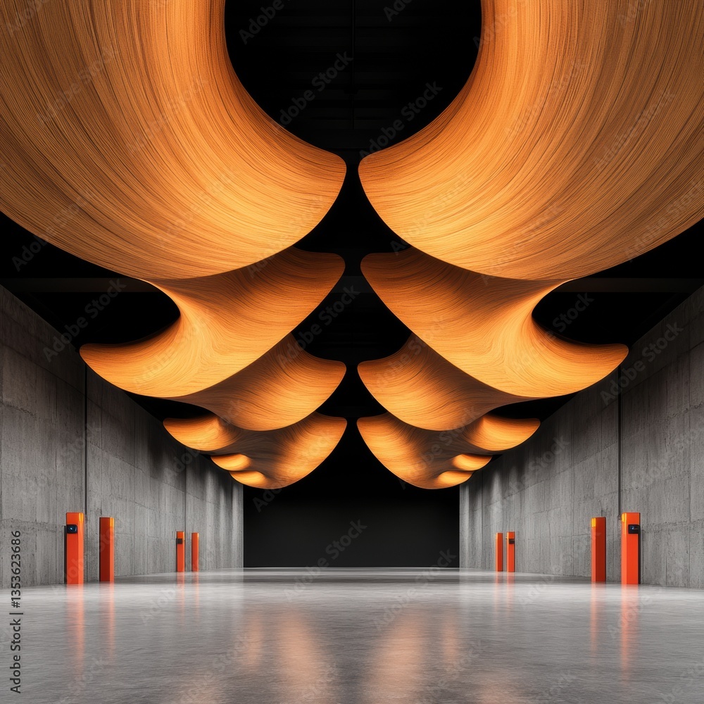 Poster Parametric Architectural Illumination Fluid Organic Ceiling Design Transforming Concrete Space with Dynamic Amber Lighting - Immersive Spatial Innovation