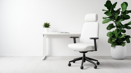 Minimalist workspace for small businesses Concept, Bright and Modern Workspace Featuring Ergonomic Chair and White Desk with Indoor Plants