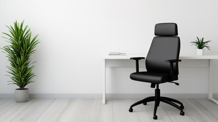 Minimalist workspace for small businesses Concept, Bright and Modern Workspace Featuring Ergonomic Chair Next to White Desk with Indoor Plants