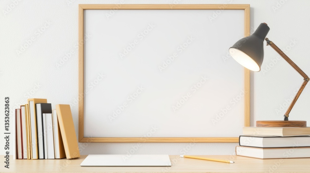 Poster minimalist workspace for small businesses concept, bright and neat workspace with desk lamp and whit