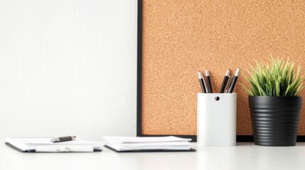 Minimalist workspace for small businesses Concept, Modern Workspace Corner with Corkboard, Pen Holder, Notebooks, and Decorative Plant for Effective Organization