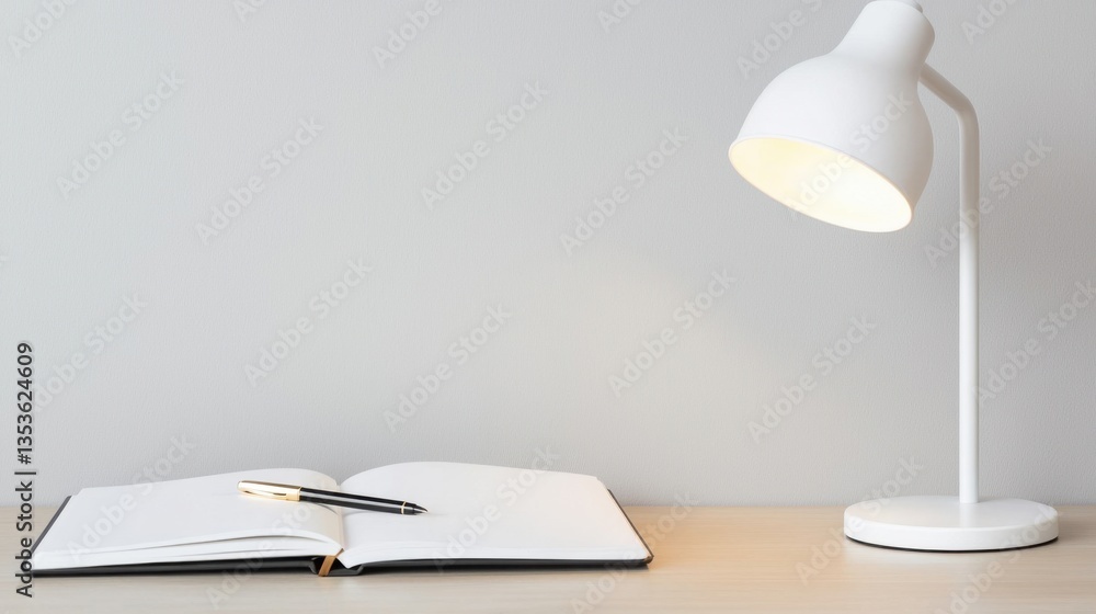 Poster minimalist workspace for small businesses concept, modern workspace featuring an open notebook and s