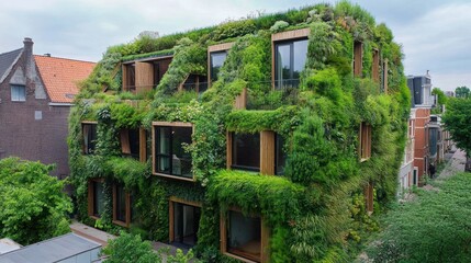 Fototapeta premium Innovative sustainable architecture, building with vertical garden facade and green roof