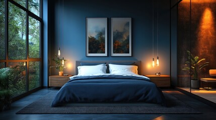 Modern bedroom with mountain art, evening light, and lush view