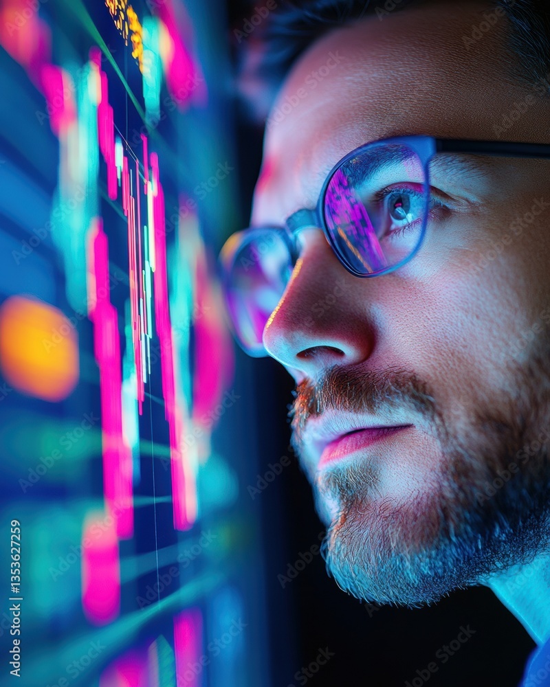 Poster cyberpunk finance revolution next-gen crypto trader analyzing digital markets with high-intensity ho