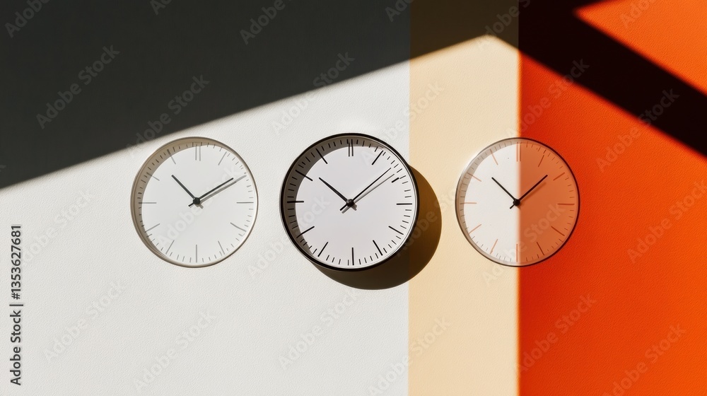 Poster Minimalist Time Management Geometric Color Block Analog Clocks Showcasing Productivity Design for Modern Workspace Optimization and Mindful Work-Life Balance Strategies