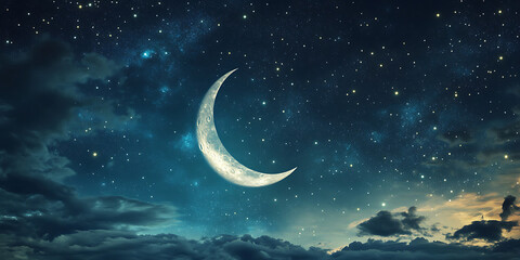 Fototapeta premium Starry Night with Crescent Moon Wallpaper Background for Ramadan and Spiritual Reflection