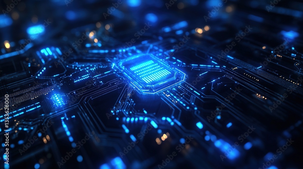 Poster abstract digital circuitry design with glowing elements and lights