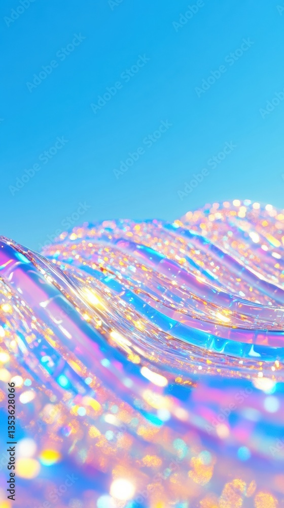 Poster Holographic Digital Wave Iridescent Liquid Crystal Texture Representing Technological Innovation, Futuristic Design and Immersive Visual Transformation