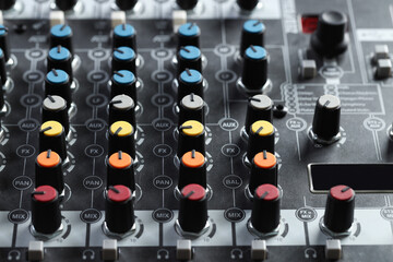 Professional mixing console, closeup. Radio studio equipment